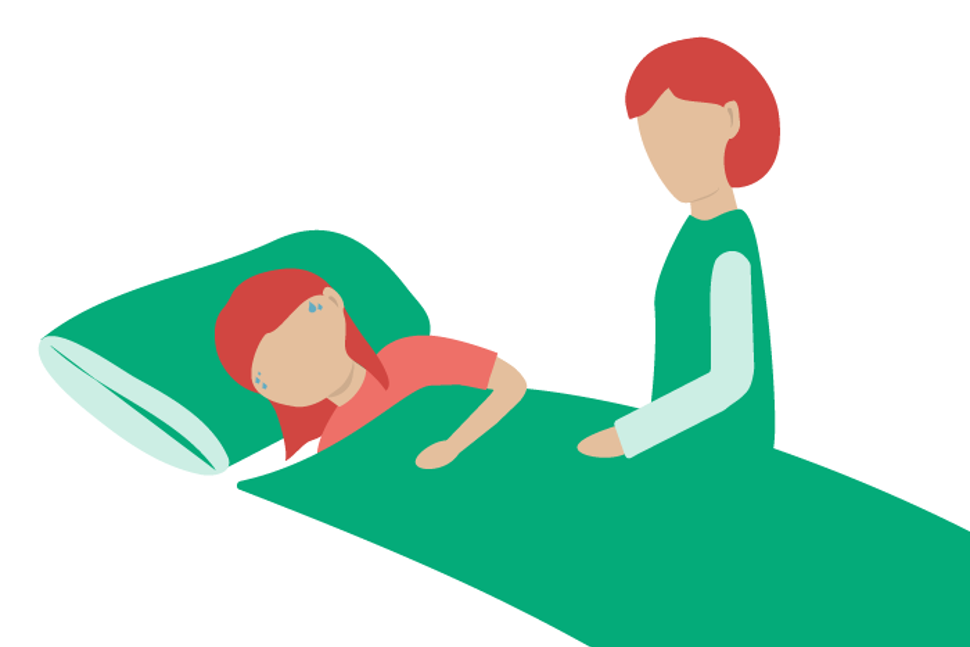 Illustrasjon: FHI Sykt barn eller ungdom ligger medtatt i sengen, med forelder ved sin side.
