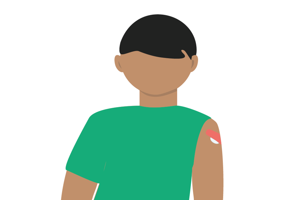 Illustrasjon: FHI ungdom som har tatt vaksine. Plaster md bomullsdott på overarmen.